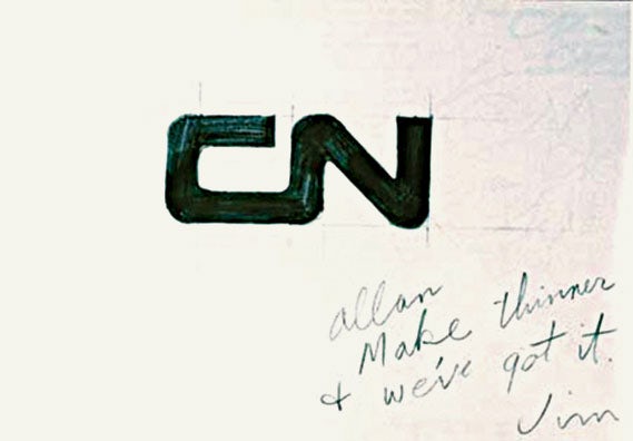 One of Fleming’s sketches for the Canada national logo - Carrying a note from art director Jim Valkus: “Allan, make thinner &; we’ve got it, Jim” (image: National Archives of Canada)