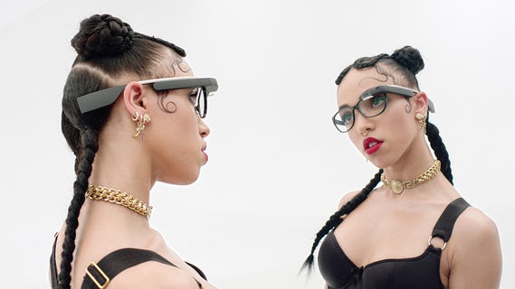 Still of FKA twigs' film to promote Google Glass, which was released in October 2014. Her first piece of directing work for a brand, twigs was given total creative freedom to create the film by Google. More a concept film than an ad, it features twigs using the product to call up music and dance references, which she then performs