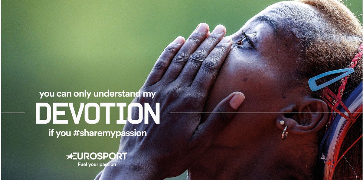 Eurosport ads feature close-ups of athletes during gruelling moments or victory