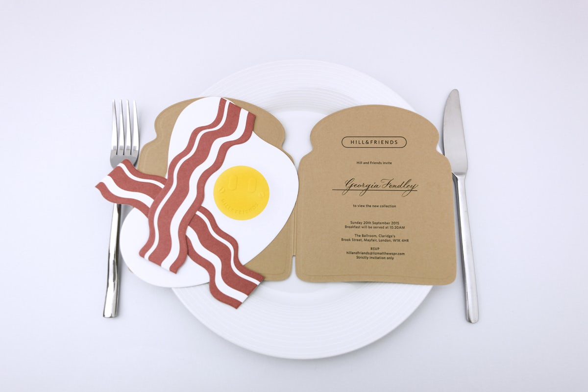 Bacon and eggs shaped invitations, created for the launch of Hill & Friends 