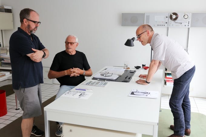 Gary Hustwit, Dieter Rams, and Erik Spiekermann during filming