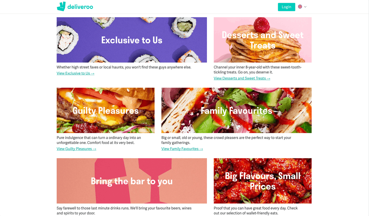 Deliveroo's website features bold colours and up-close images of food