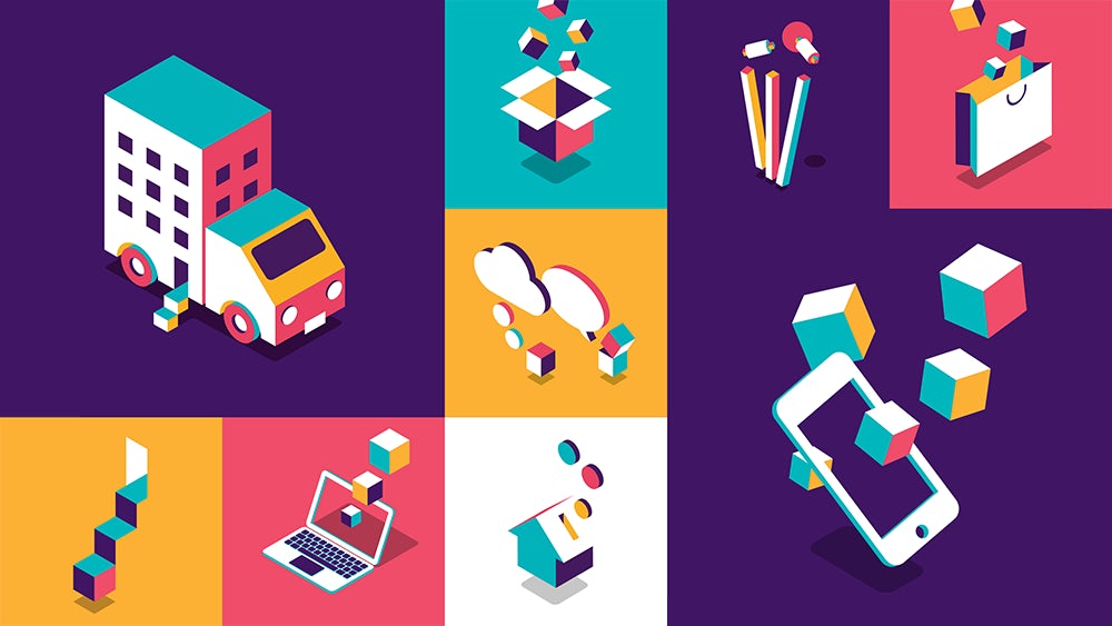 The blocks in the new logo appear in colourful illustrations depicting the bank's various services
