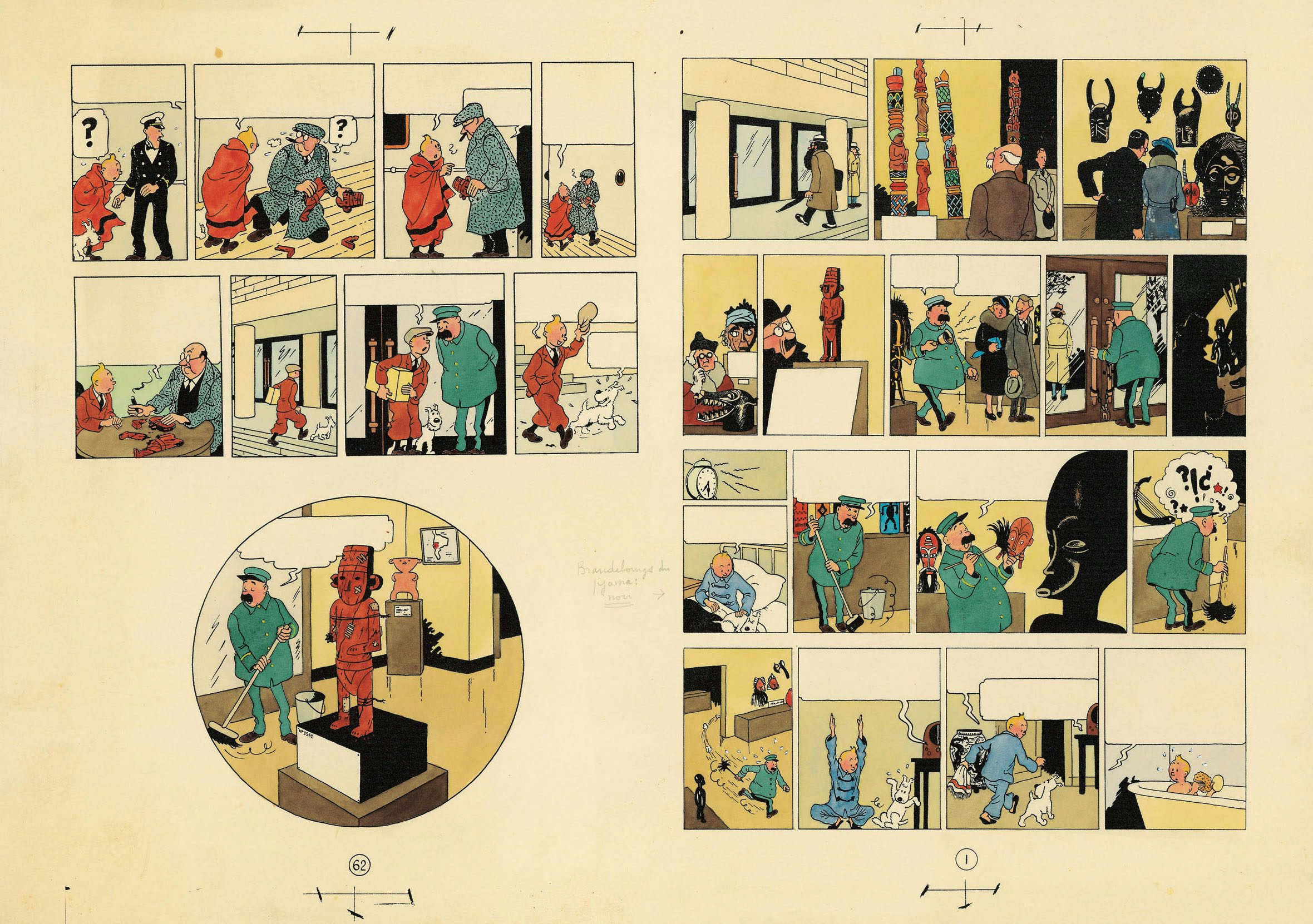 lue colouring for sheets 1 and 62 of Les Aventures de Tintin – L’Oreille cassée, 1956 (watercolour and gouache applied on printed proof).