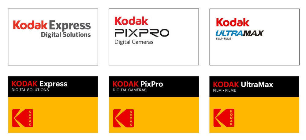 Kodak's previous branding (top row) and the new design system