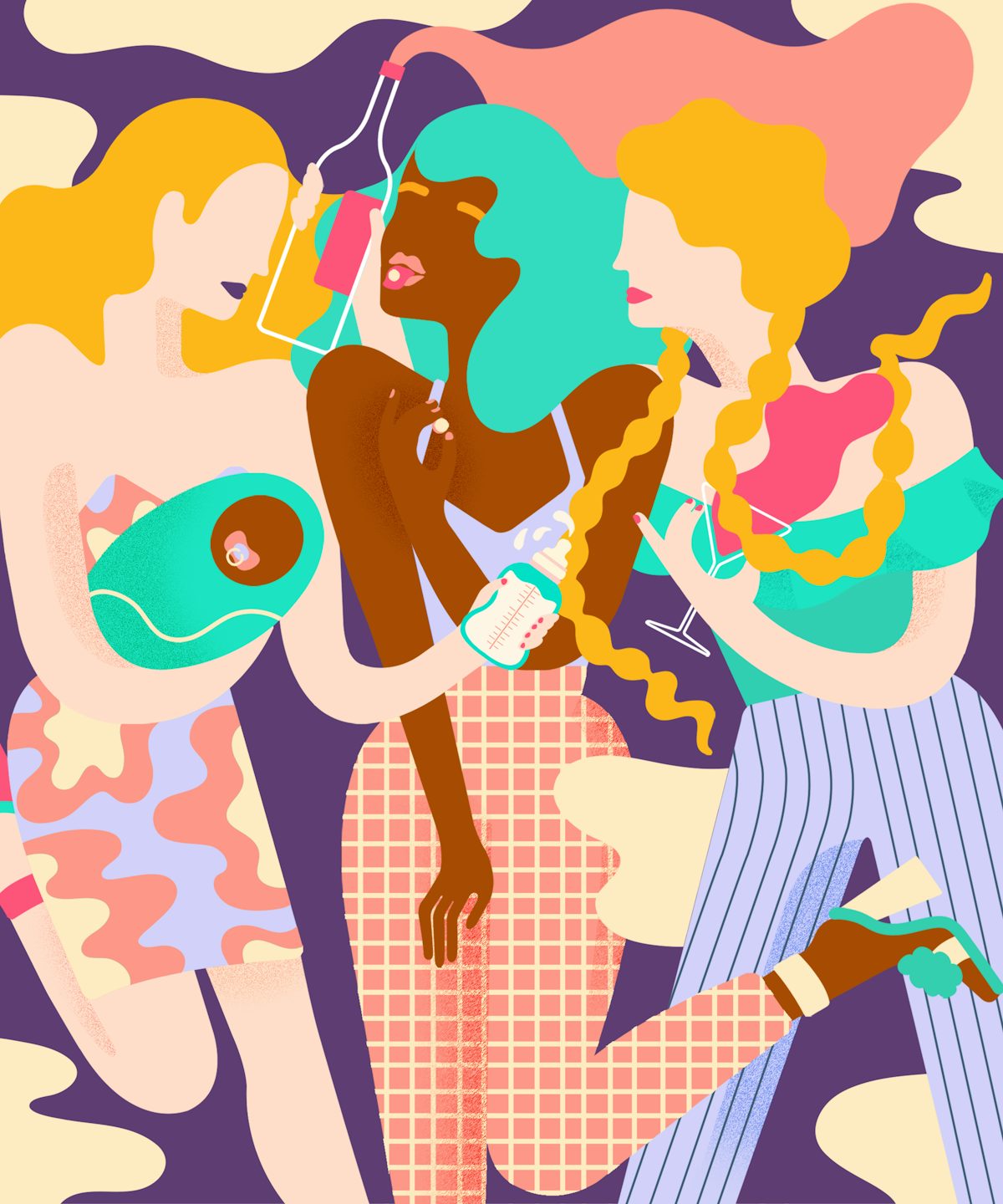 Illustration for Refinery29 UK, for an article about 'Rave Mums' and new parents who still take drugs recreationally 