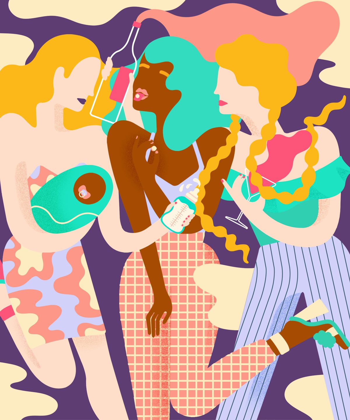Illustration for Refinery29 UK, for an article about 'Rave Mums' and new parents who still take drugs recreationally