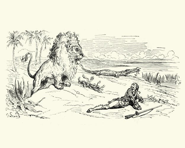 Vintage engraving of a scene from the Adventures of Baron Munchausen, illustrated by Gustave Dore. The Huge Lion