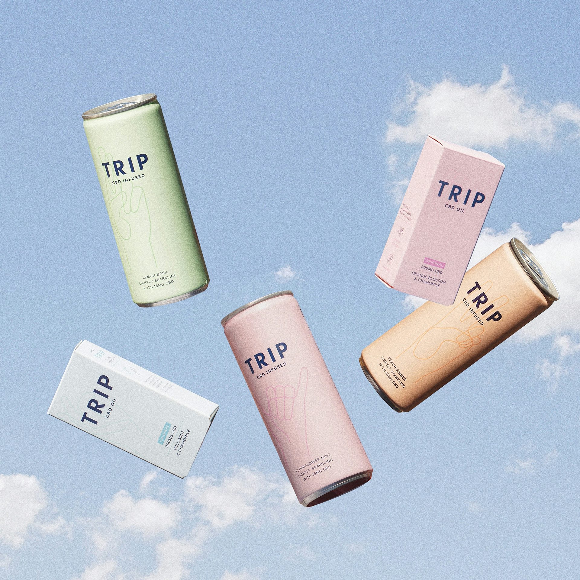 Trip CBD drinks cans and oils floating against clouds
