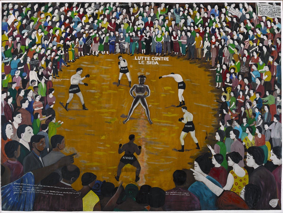 Sim Simaro, Lutte contre le sida, 1992, Acrylic on canvas, 136 x 181 cm. The Contemporary African Art Collection (C.A.A.C.The Pigozzi Collection)