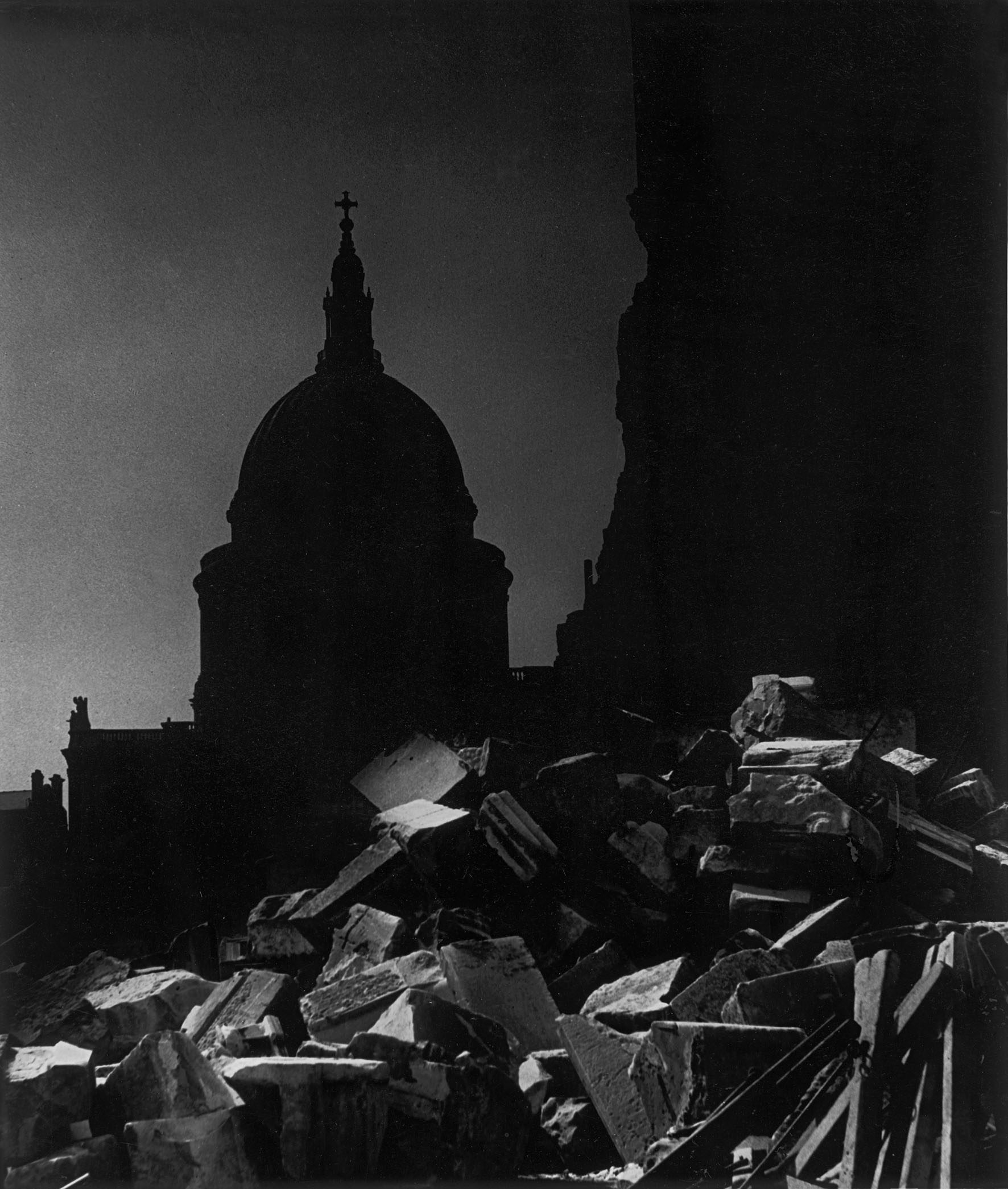 Debris in front of St Pauls Cathedral in London at night in 1942
