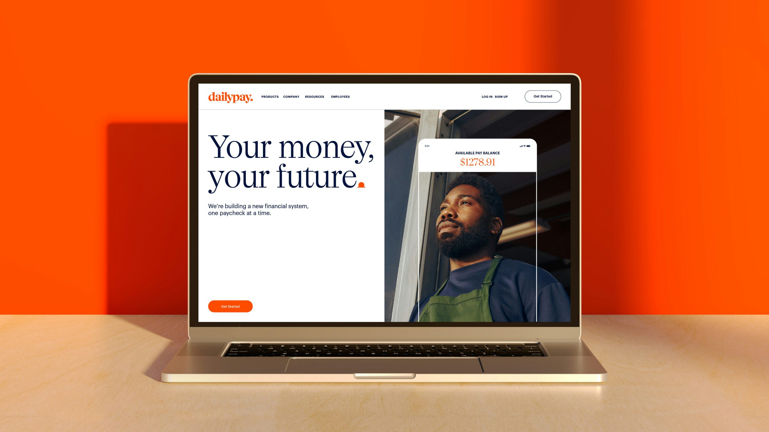 Image of a screen featuring the slogan 'Your money, your future' featuring DailyPay branding by Wolff Olins