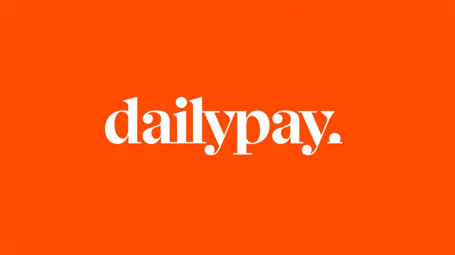 DailyPay logotype against orange background by Wolff Olins