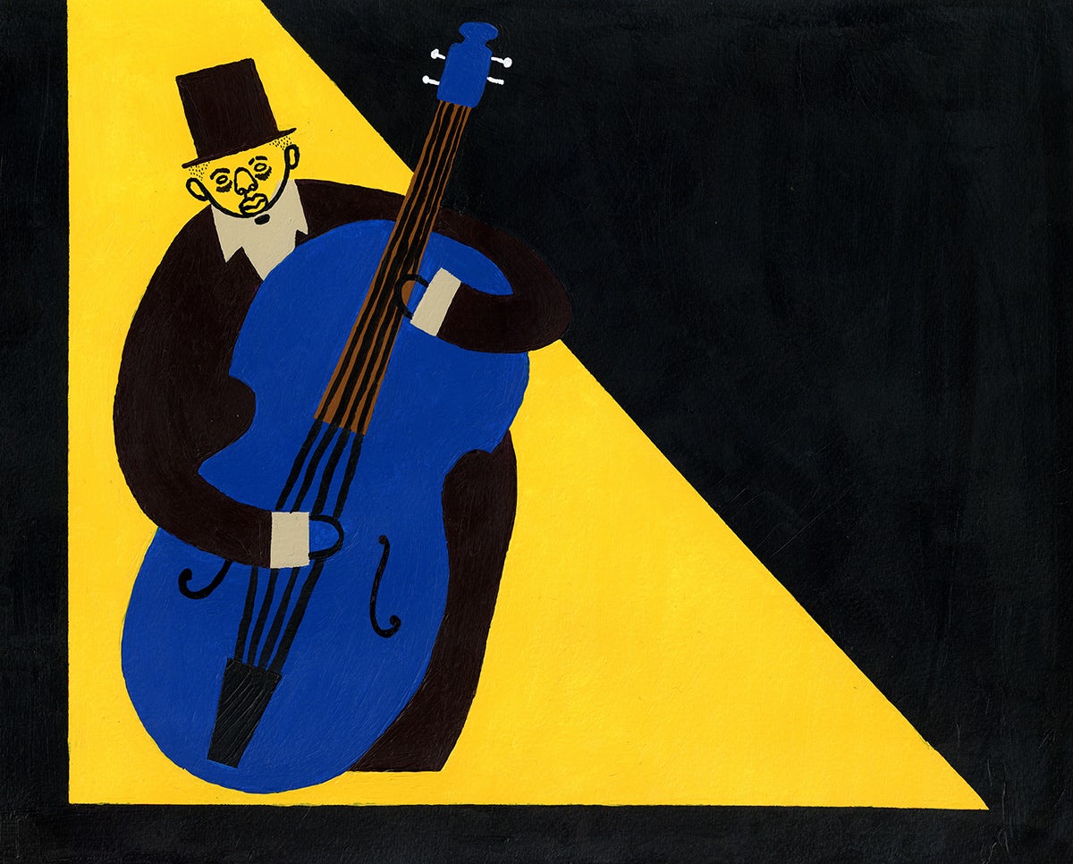 Painting of a person playing the double bass by Joy Yamusangie in their Now Gallery exhibition Feeling Good