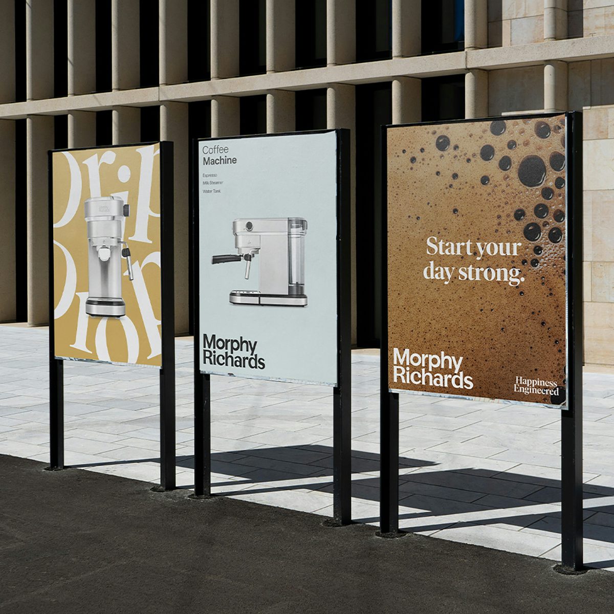Photograph of three outdoor Morphy Richards advertisements for a coffee maker, showing brand identity design by Otherway