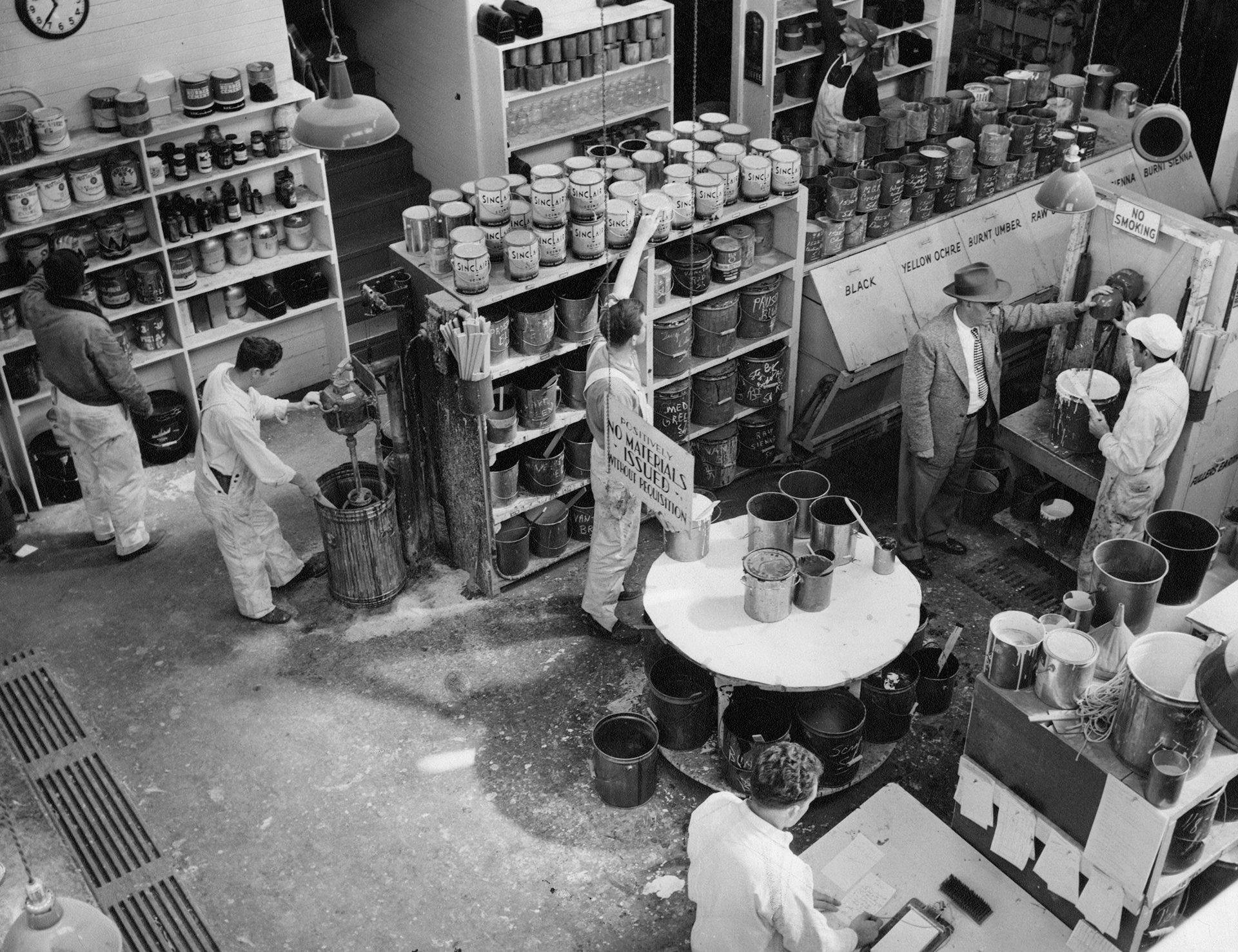 Aerial black and white photograph of the paint mixing area at MGM Studios