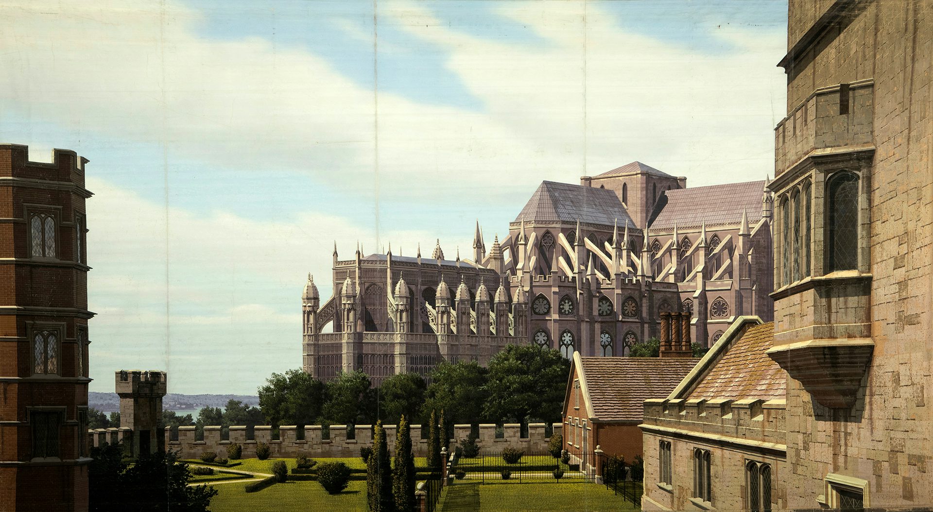 Photograph of a backdrop representing Wesmintser Abbey in the 1550s