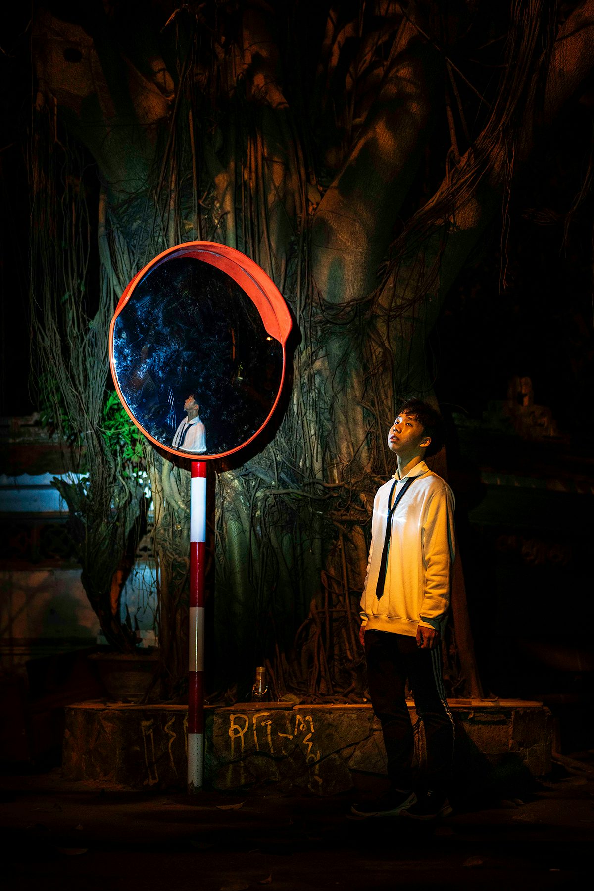 Photograph of a person stood under moonlight next to a mirror by Tri Nyugen