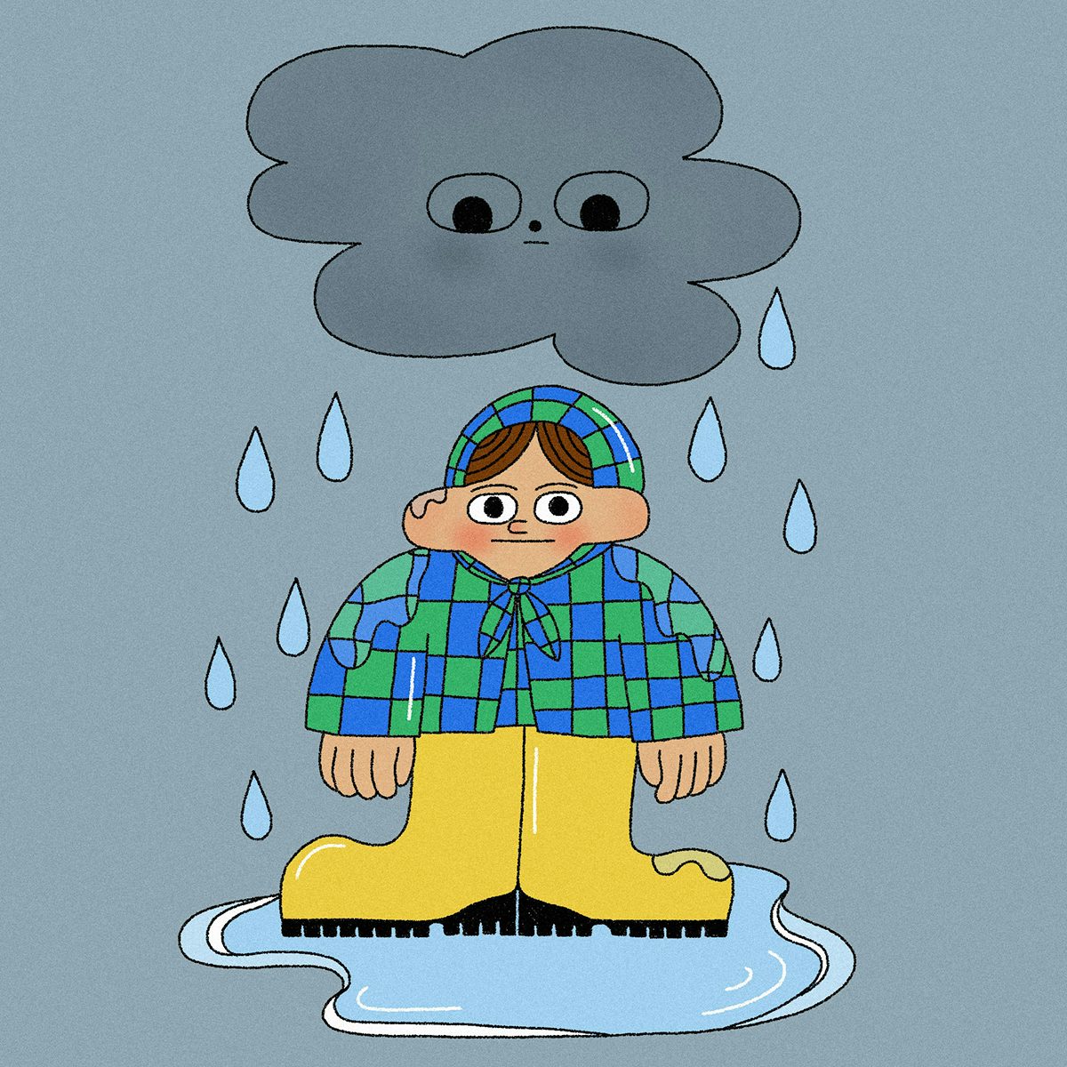 Illustration of a cloud raining on a person by Aysha Tengiz