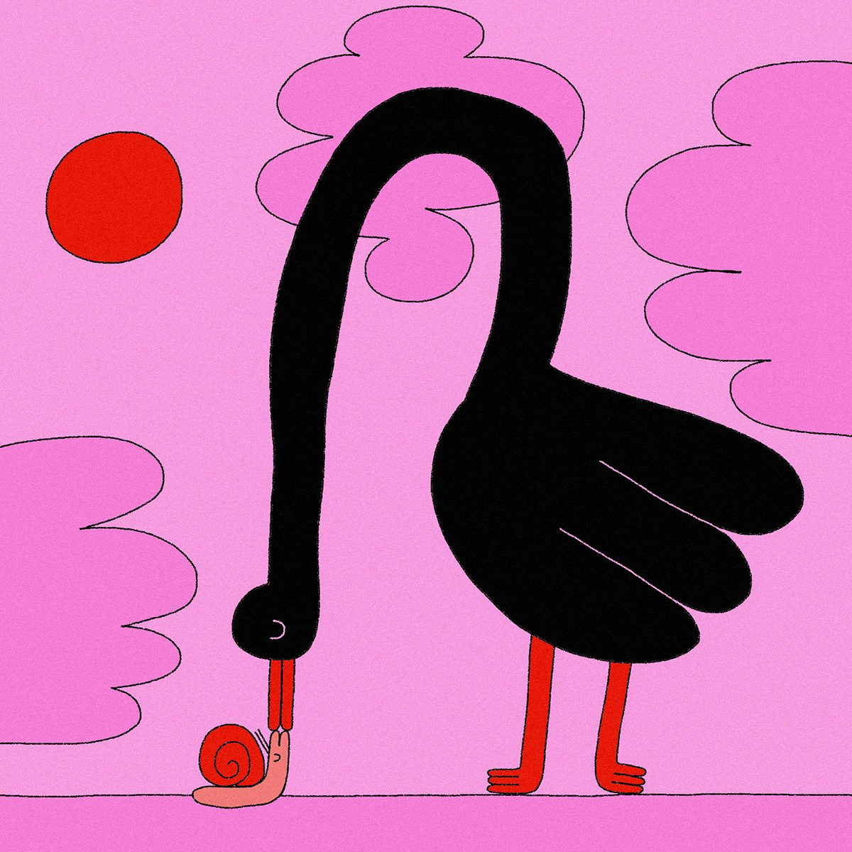 Illustration of a bird bending over to kiss a snail on the ground by Aysha Tengiz