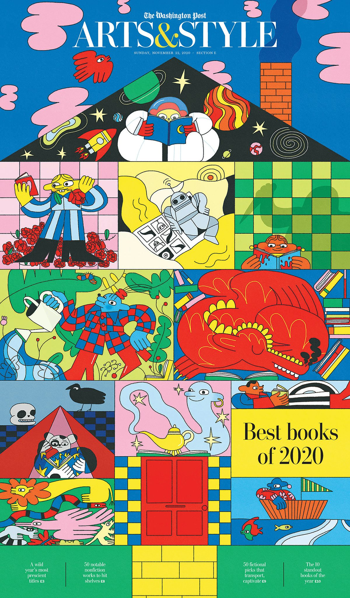 Illustrated cover showing characters reading books for the Washington Post by Aysha Tengiz