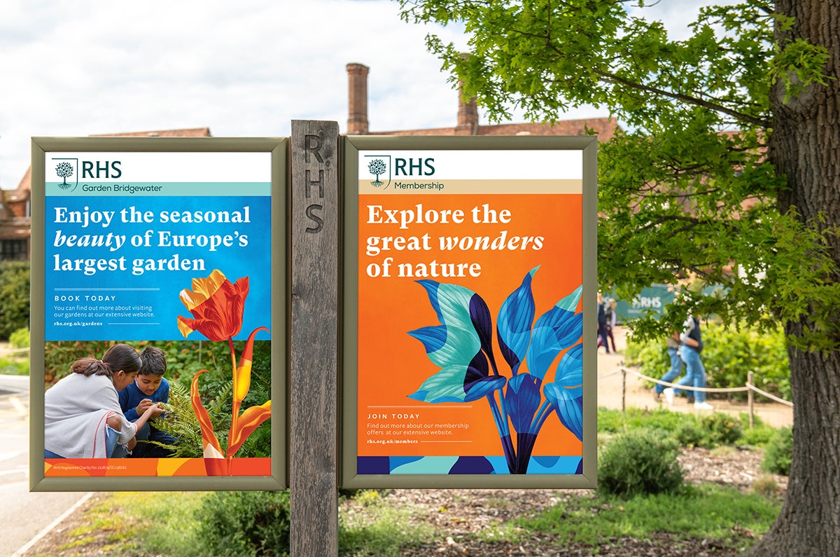 Photograph of RHS outdoor signage featuring the new visual identity by Design Bridge