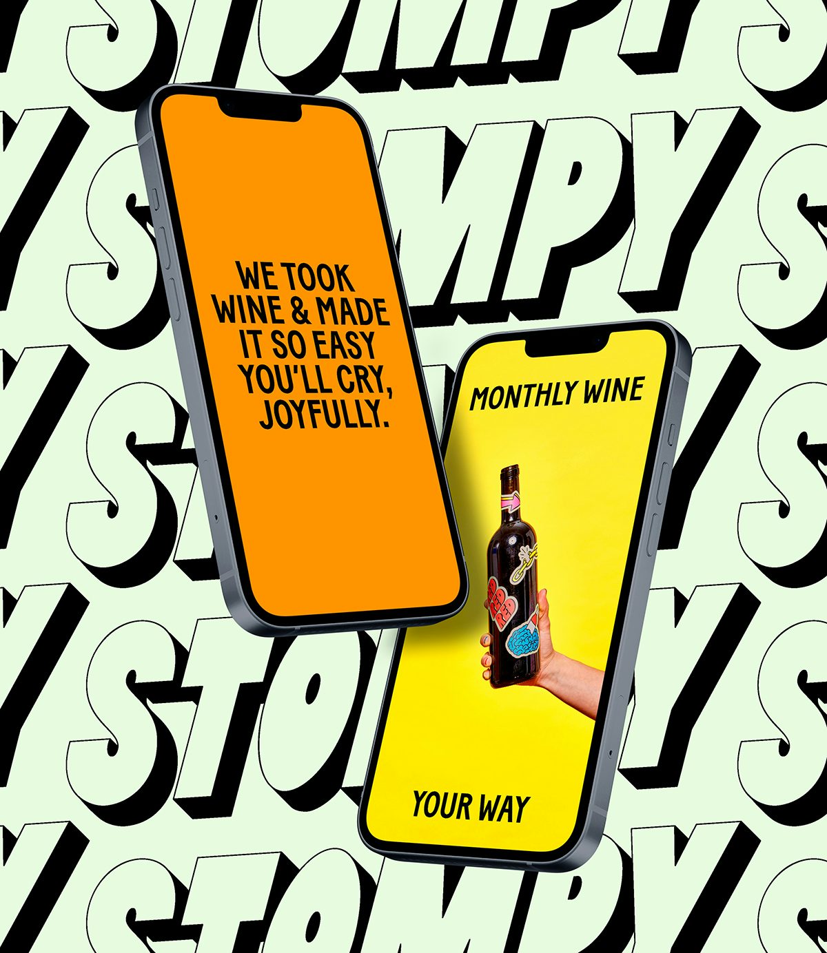 Photograph of two phones showing the Stompy branding by &Walsh