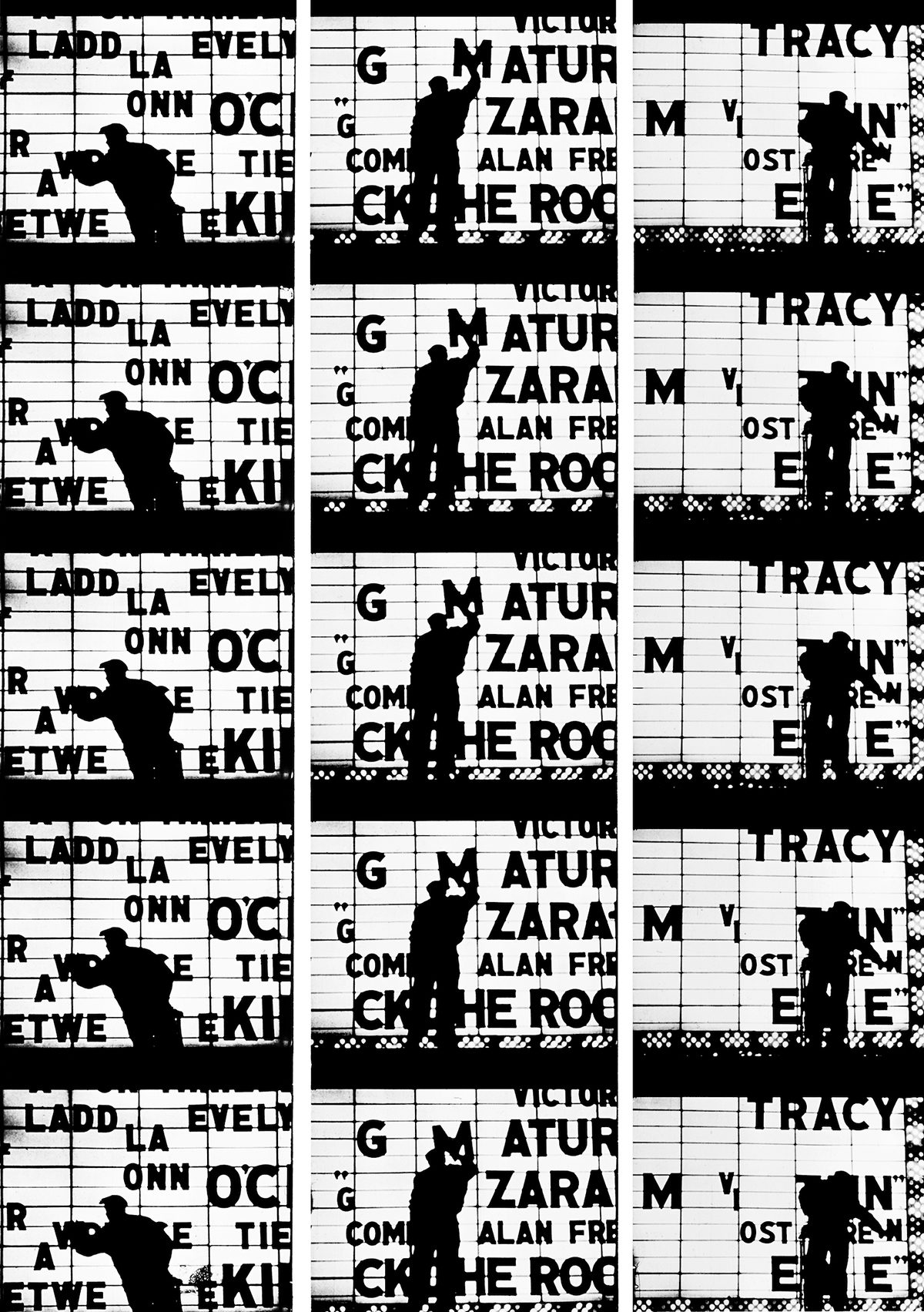 Film strips showing the letters on a broadway sign being changed, as part of the new William Klein exhibition called YES at the ICP