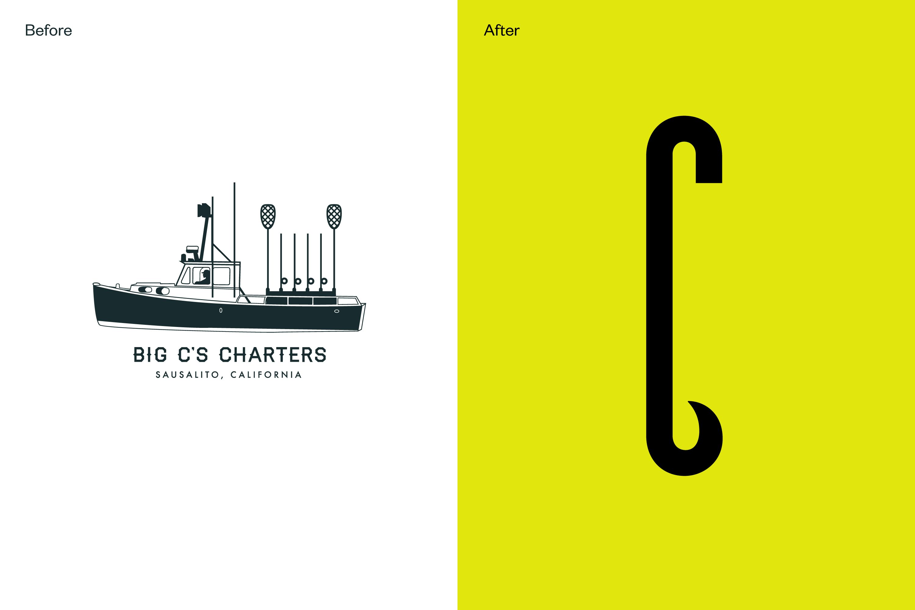 Graphic of the old Big C Charters logo featuring a boat, and the new logo of an elongated 'C'