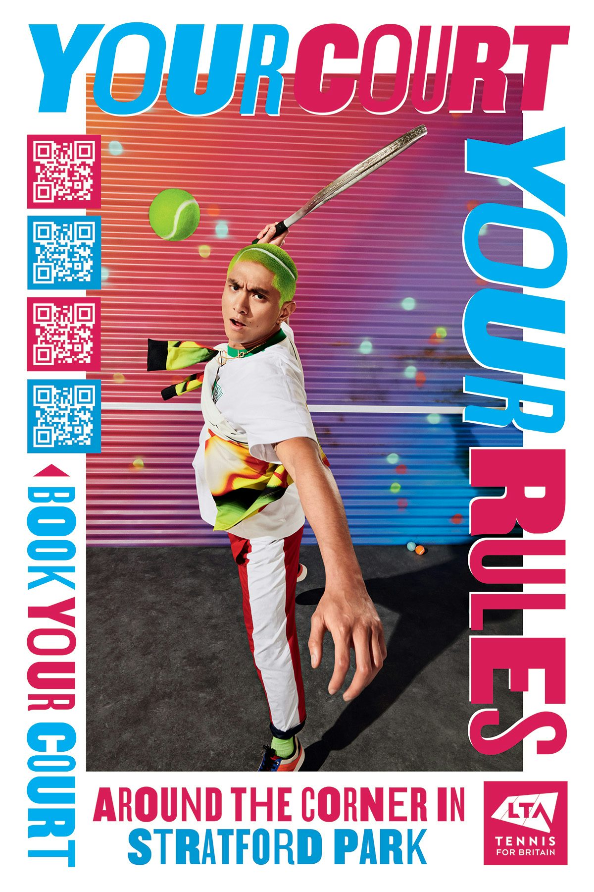 LTA campaign graphic that reads 'Your Court Your Rules' surrounding a photo of a person with green hair hitting a tennis ball