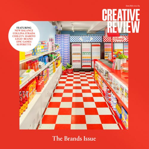 Photograph of a red and white Superette store design on the front cover of the Creative Review Brands issue