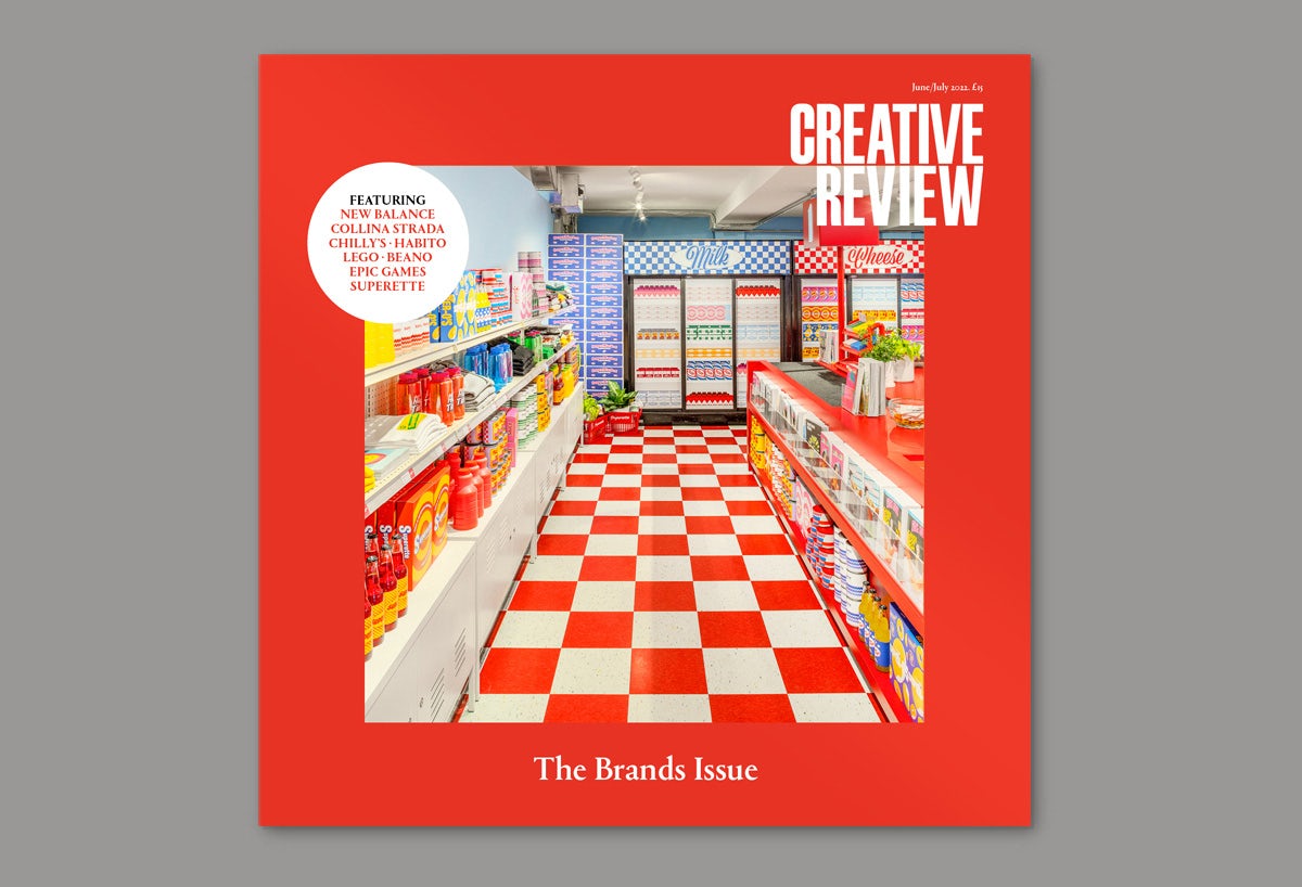Photograph of a red and white Superette store design on the front cover of the Creative Review Brands issue