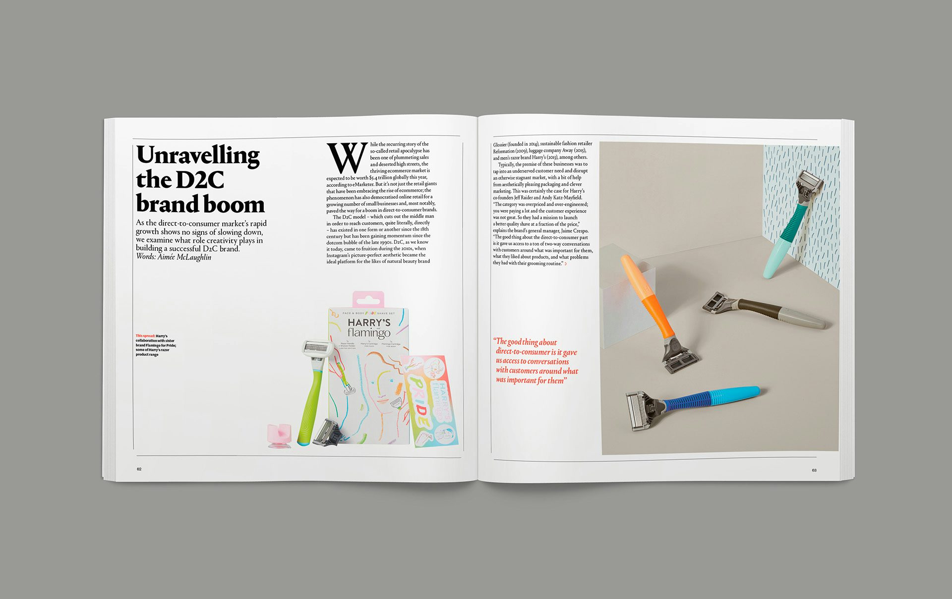 Photograph of the D2C magazine spread in the Creative Review Brands issue