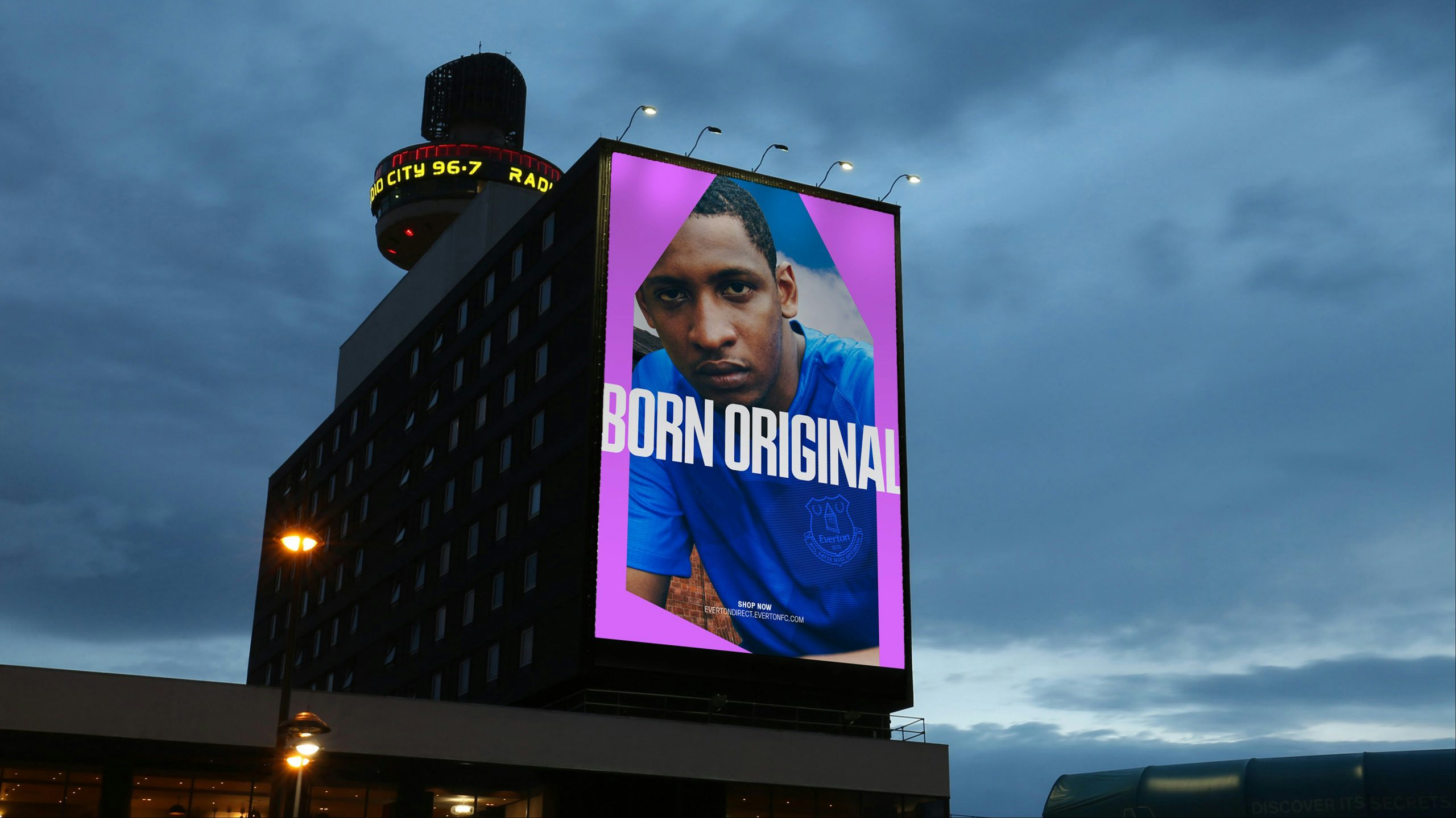 Photograph of an Everton outdoor advertisement that reads Born Original