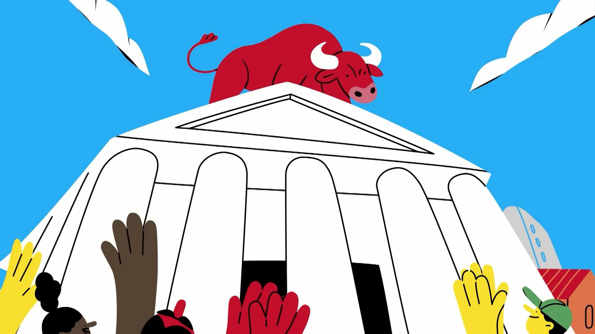 Still image of a 2D animation in It's a Brum Ting, showing an angry red bull stood on top of a Birmingham landmark