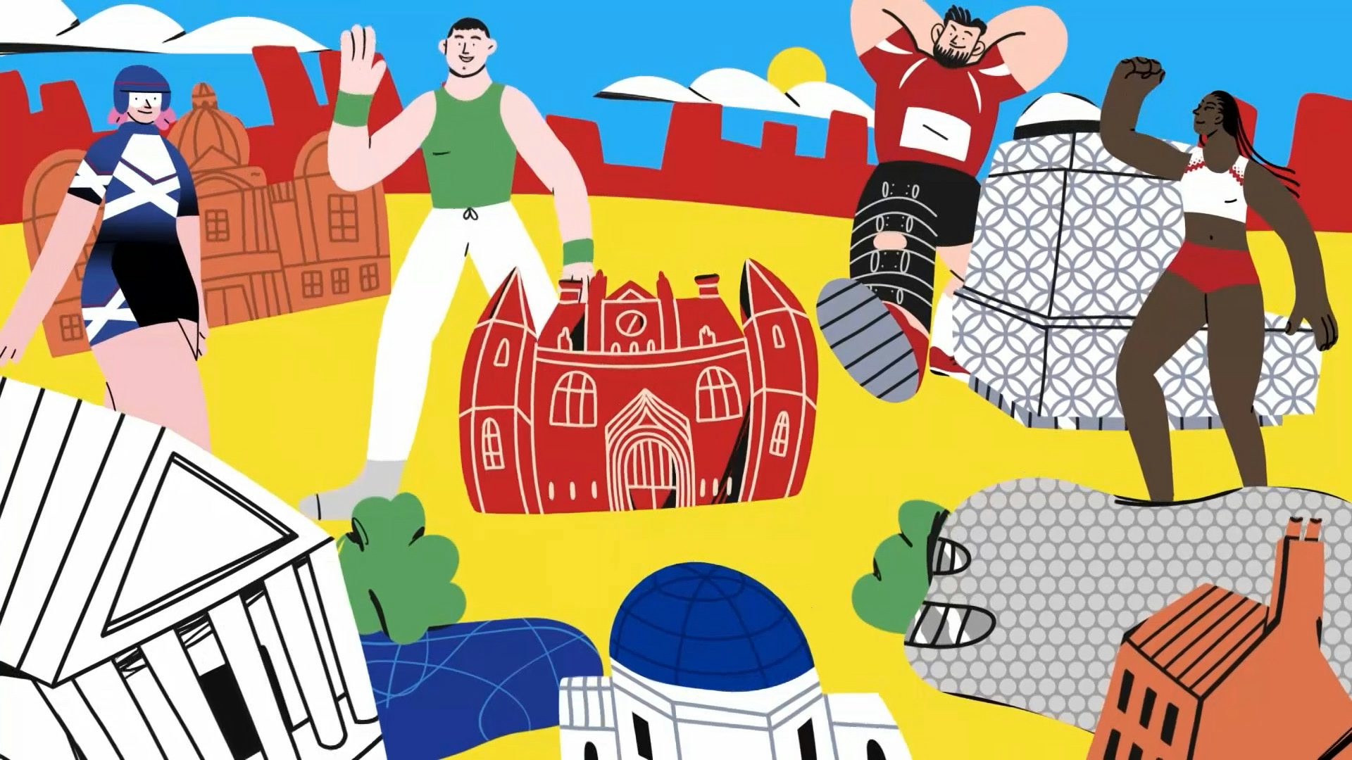 Still image of an animated scene showing characters surrounded by colourful Birmingham landmarks in It's A Brum Ting