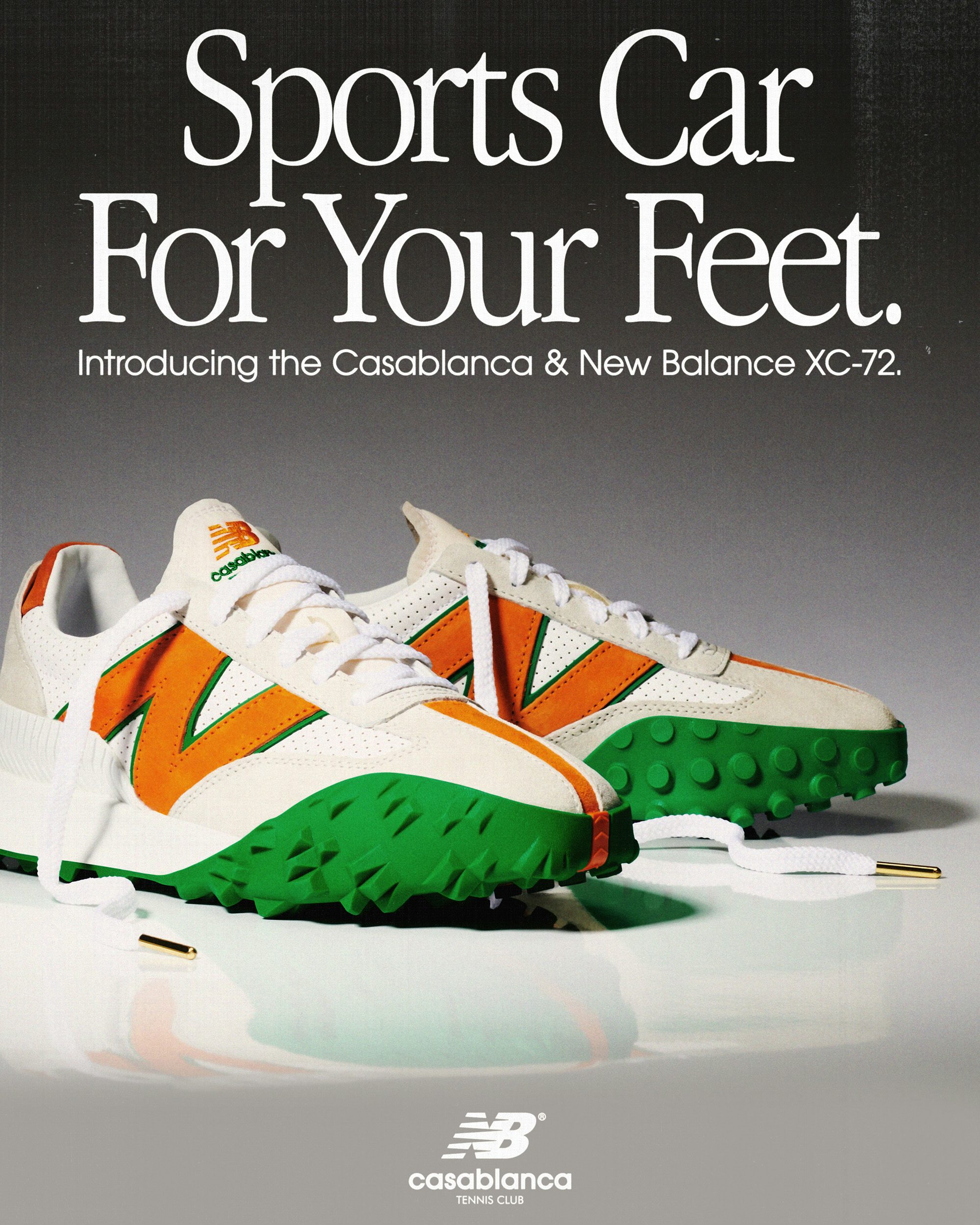 Photograph of white, orange and green New Balance trainers made in collaboration with Casablance