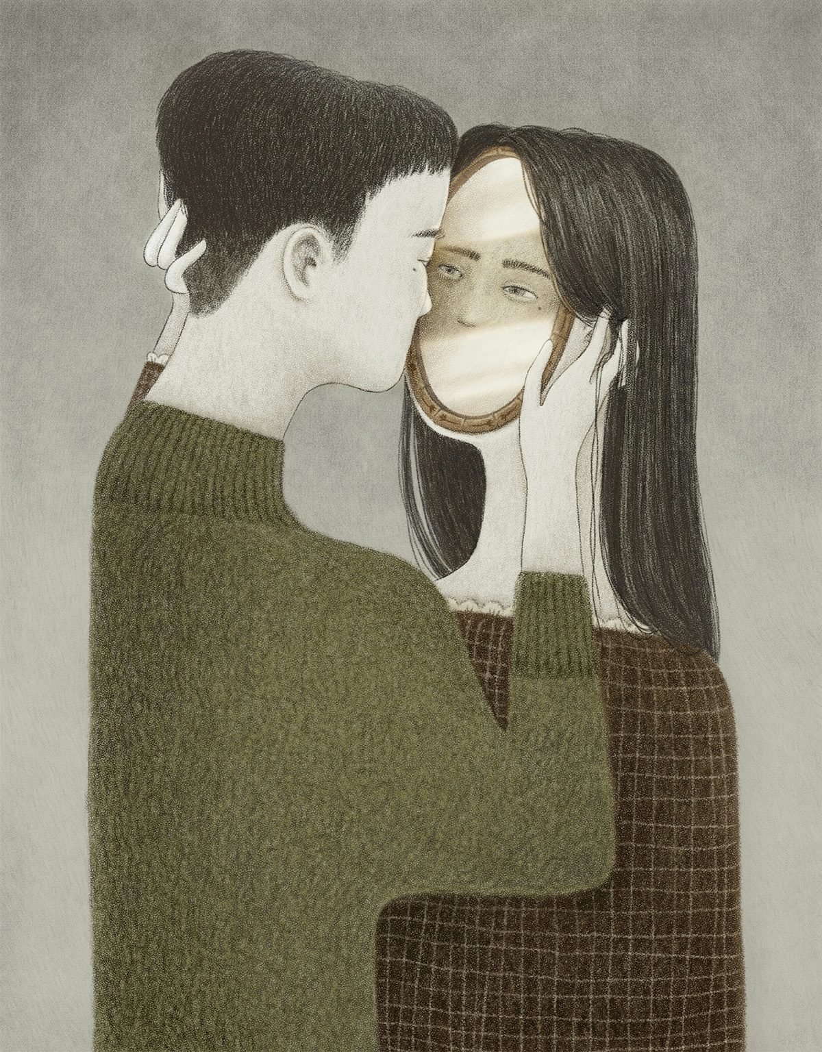 Illustration of one person looking into the eyes of another person, whose face is a mirror
