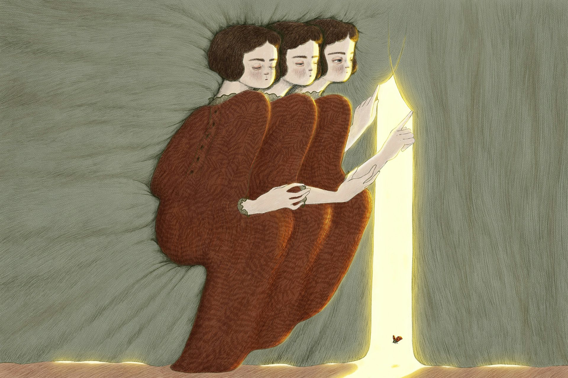 Illustration of three figures lying down in a row, as one opens curtains