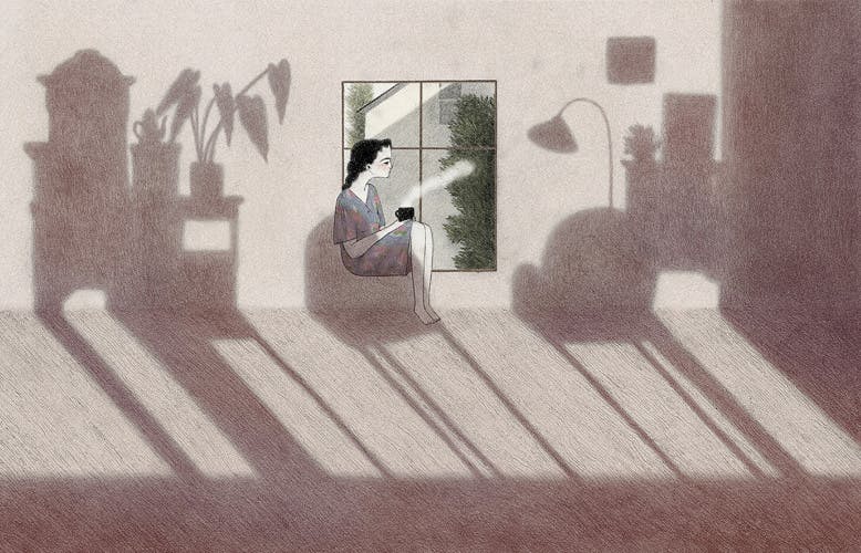 Illustration of a person sitting on a windowsill in a room filled with shadows