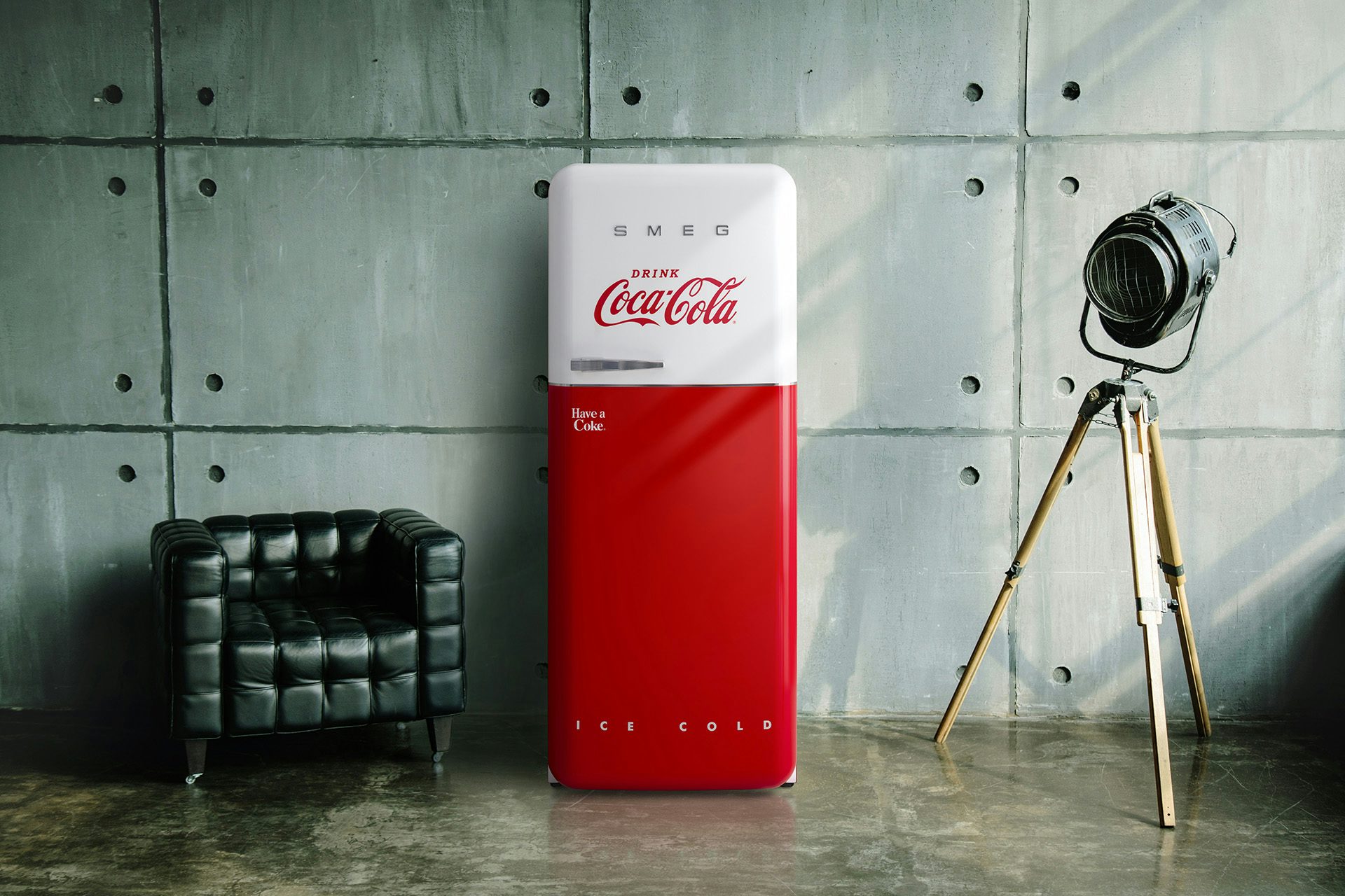 Photograph of a Smeg and Coca-Cola branded fridge in red and white