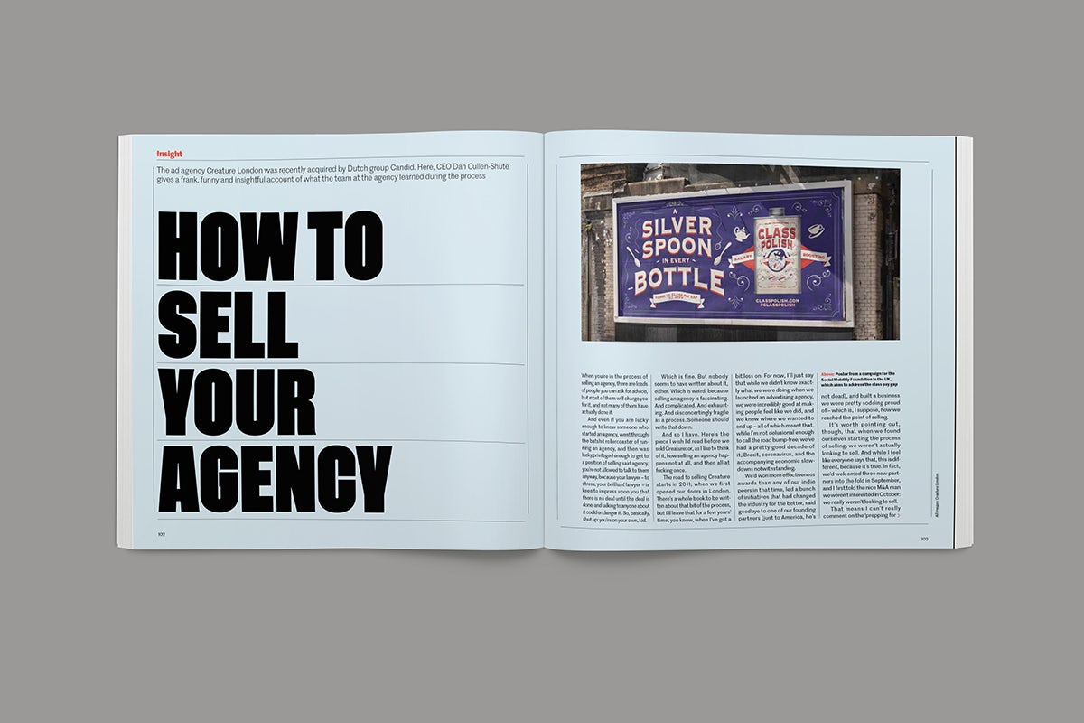 Image of a magazine spread about selling your agency in the Creative Review Leaders Issue 2022