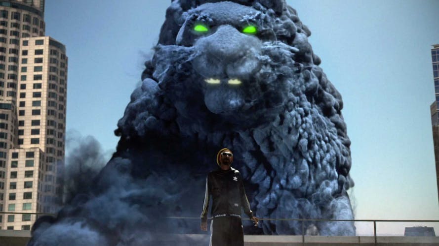 Image shows a CGI lion with green eyes looming over a person created by Creature London
