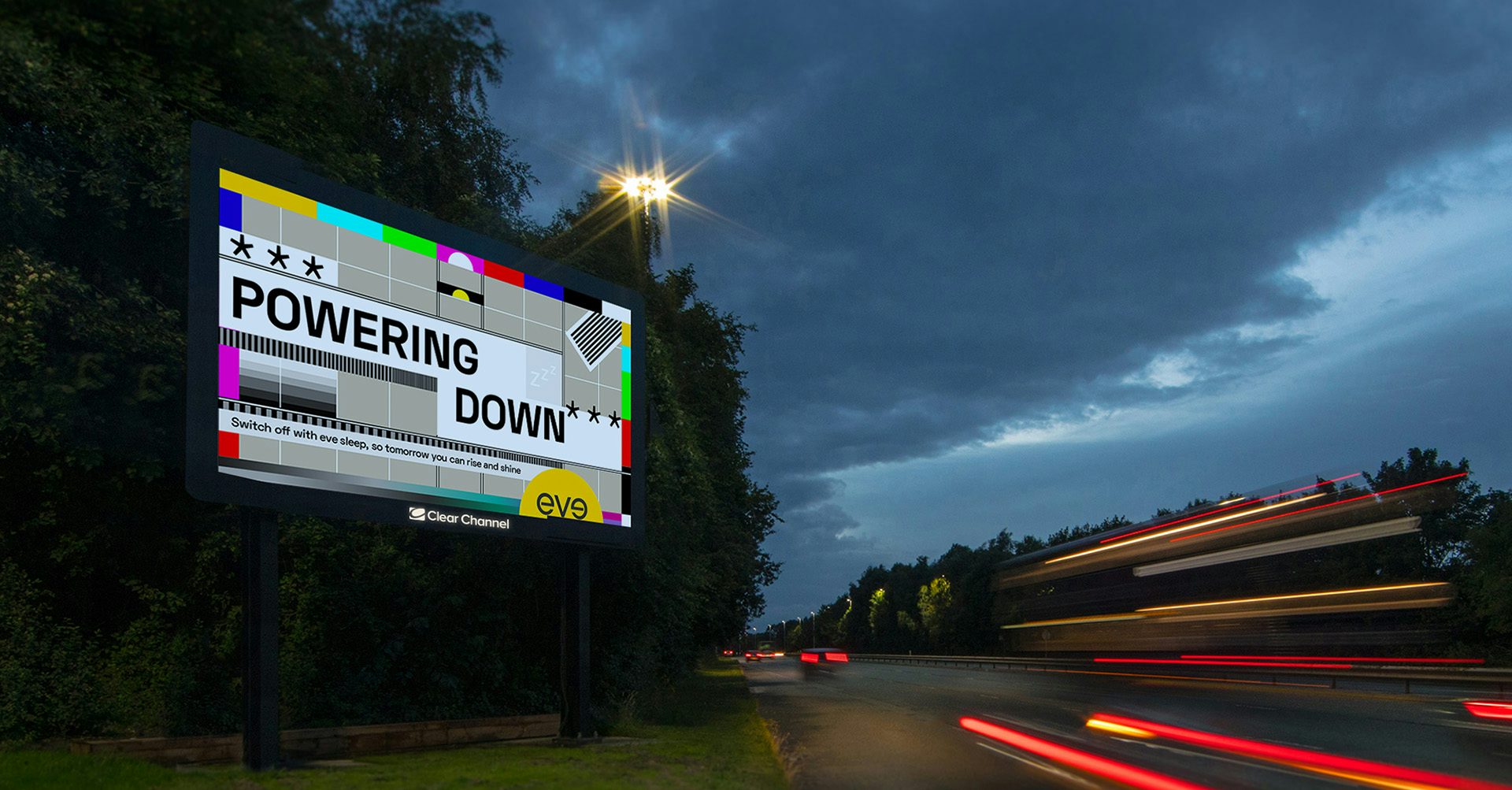 Image shows a billboard campaign by Creature London that reads 'Powering Down'