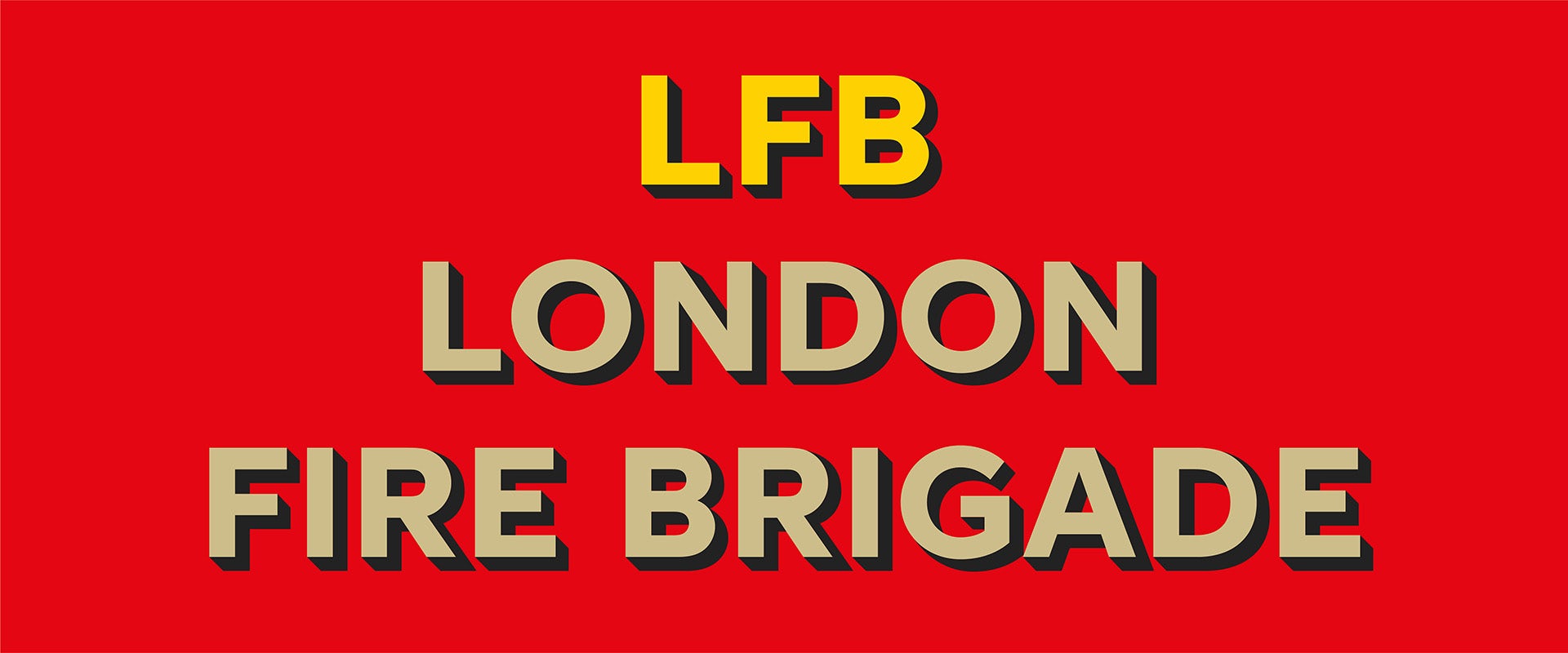 Image reads 'LFB London Fire Brigade' in yellow against a red background