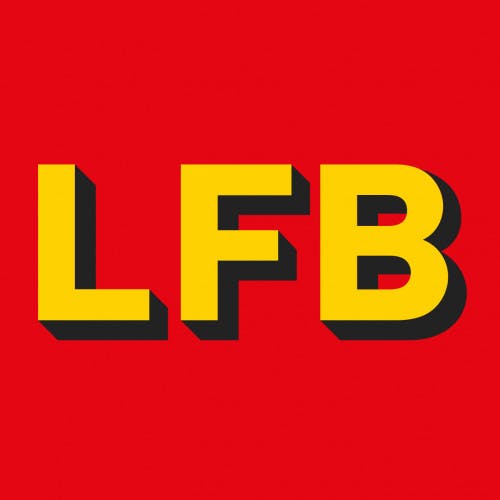 Image shows the letters 'LFB' in yellow against a red background, illustrating the London Fire Brigade's typeface design