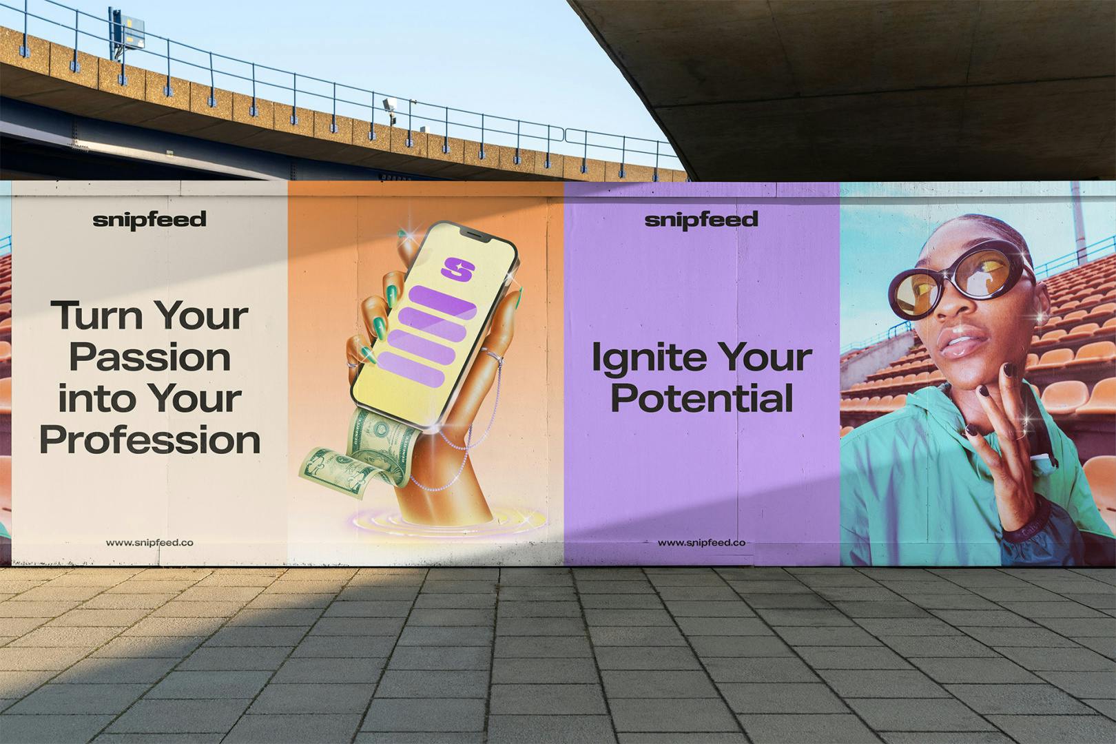 Image shows out-of-home advertising of Snipfeed, which reads 'Turn your passion into your profession' and 'Ignite your potential'