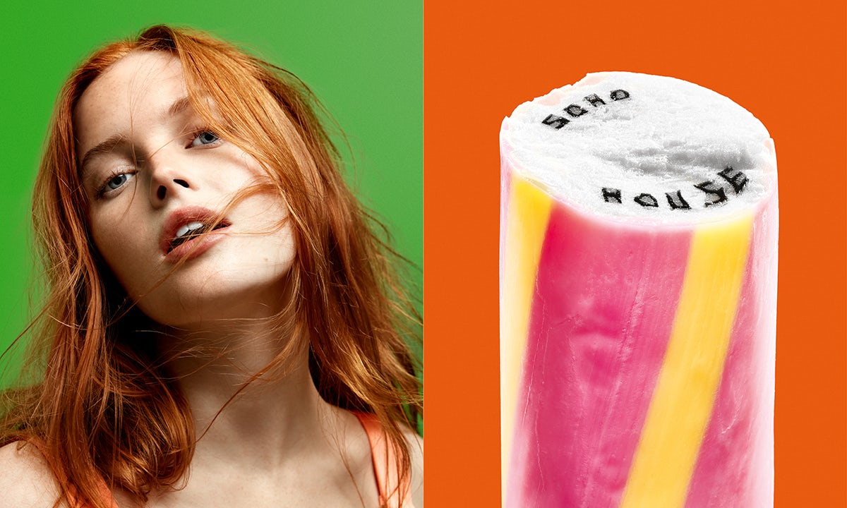 Image of Ellie Bamber in Soho House magazine next to a photograph of a stick of rock that reads 'Soho House'