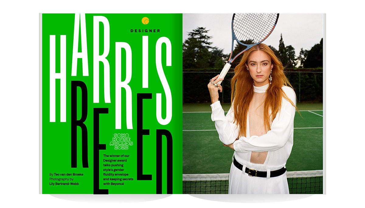 Image of a Soho House magazine spread on designer Harris Read, including a portrait of the designer holding a tennis racquet