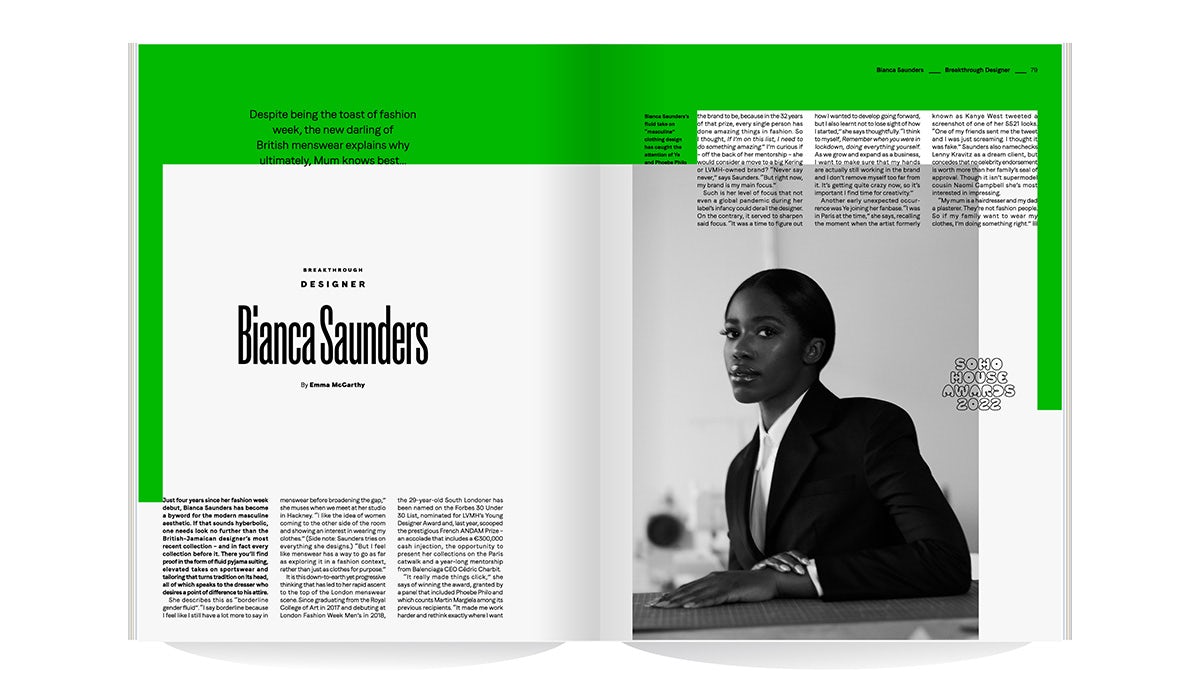 Image of a Soho House magazine spread on designer Bianca Saunders